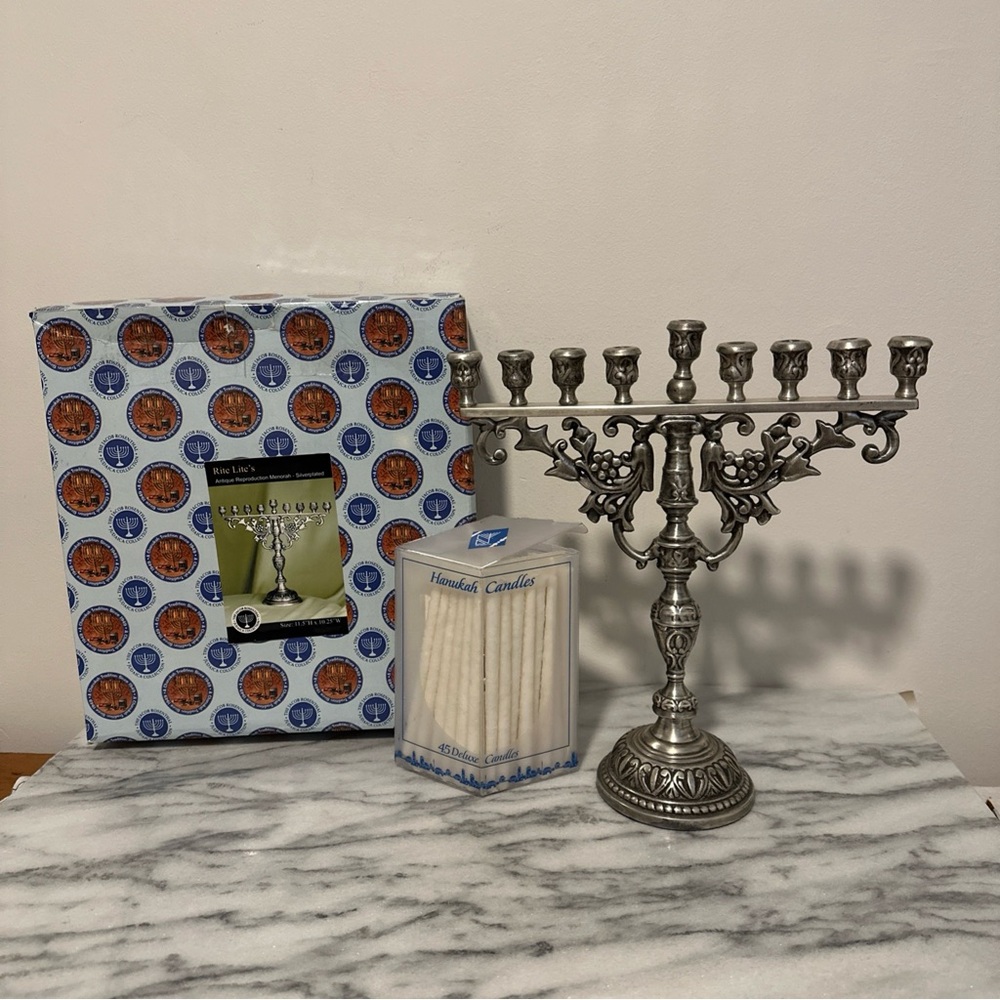 Silver plated Menorah Candle Holder with candles vintage